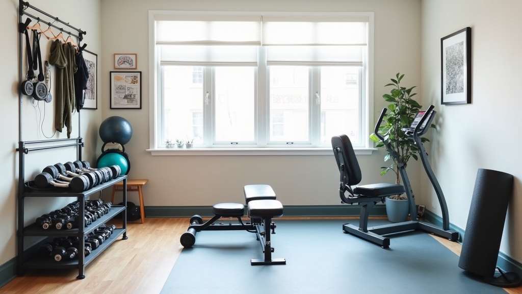 A tidy home gym setup featuring free weights, a mat, resistance bands, a bench, and a cardio machine in a bright, well-organized room.