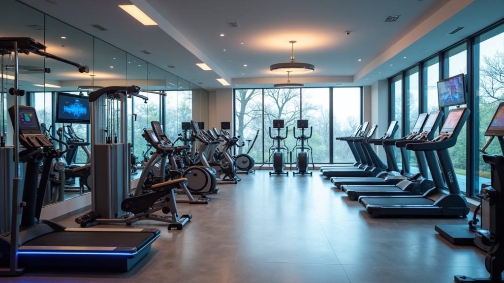 Home gym with modern tech equipment, smart weights, and digital displays