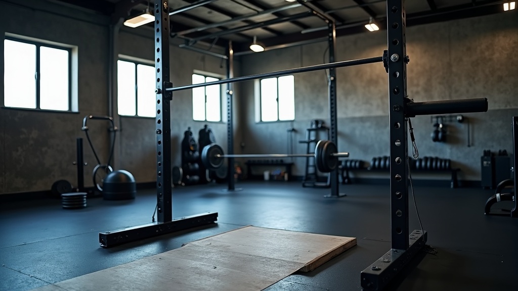 squat rack with barbell and weights in gym
